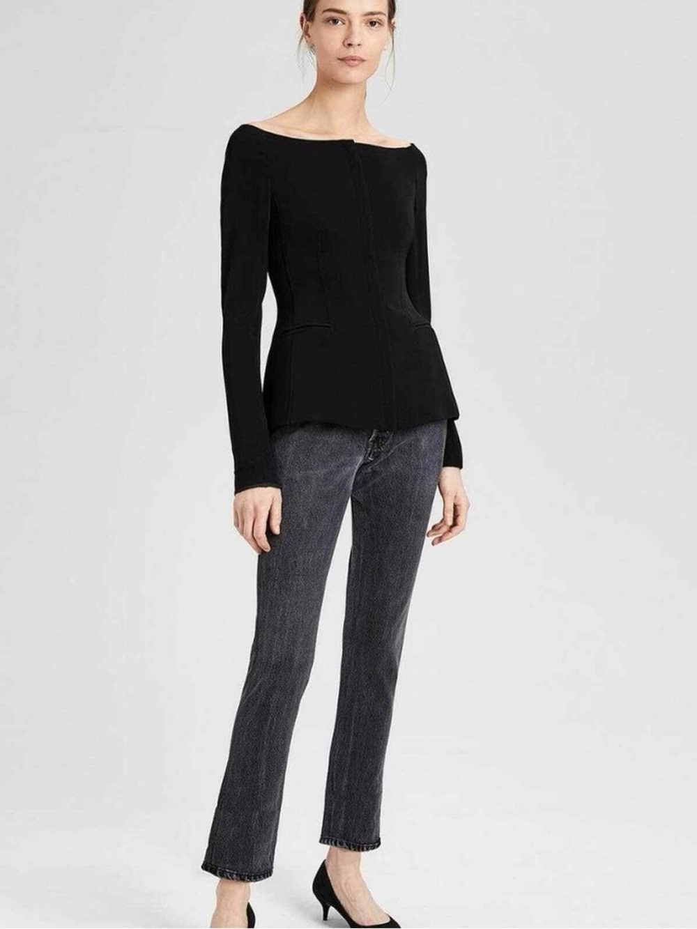 Theory Black Off-Shoulder Long Sleeve Top